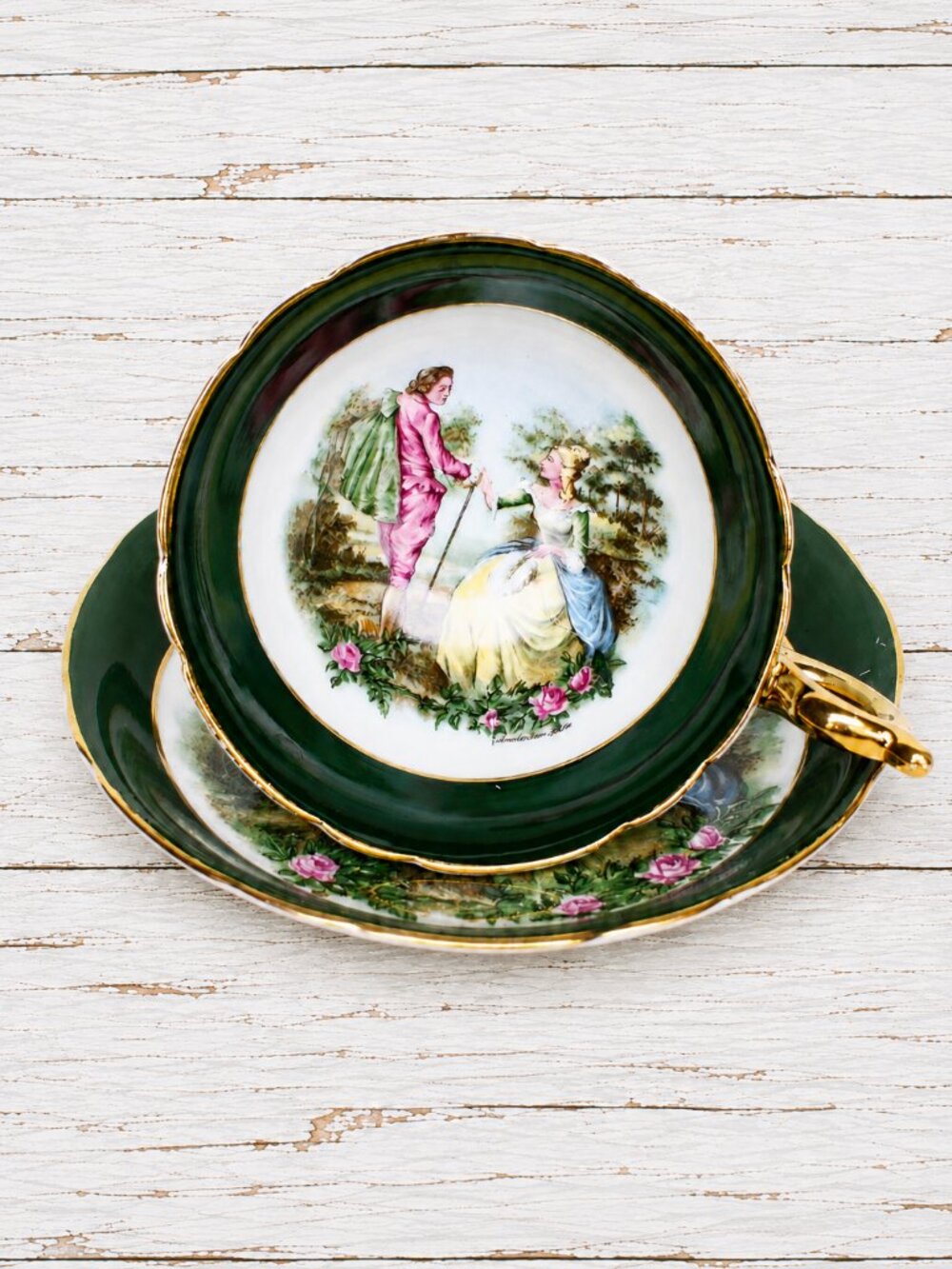 Rare Regency Amsterdam Hall Teacup and Saucer England Green Gold Couple